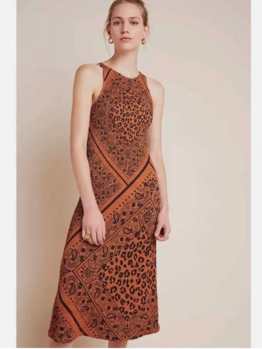 NWT Farm Rio Orange & Black Bandana Print Midi Dress